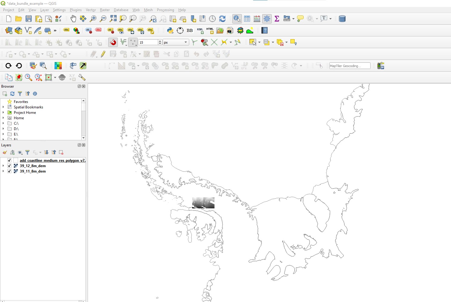 QGIS with REMA tiles and coastline