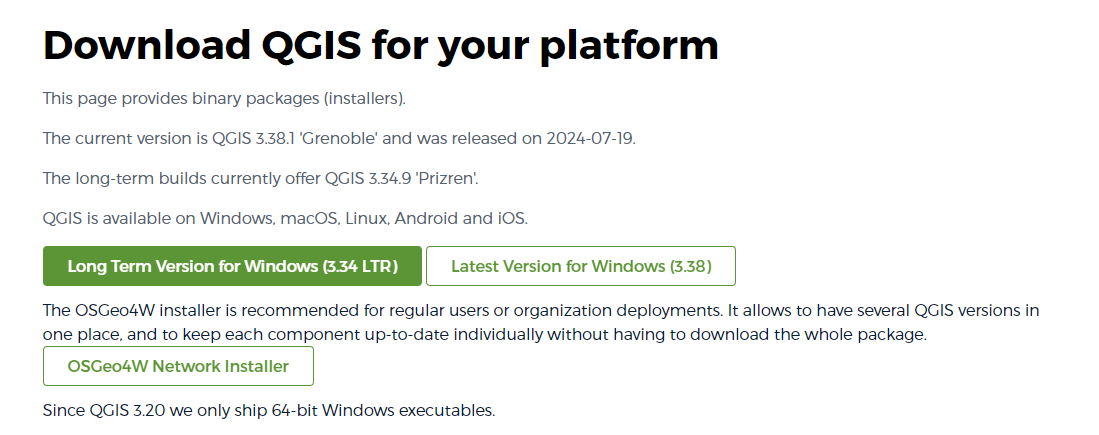 The download page on the QGIS website, highlighting the long term release